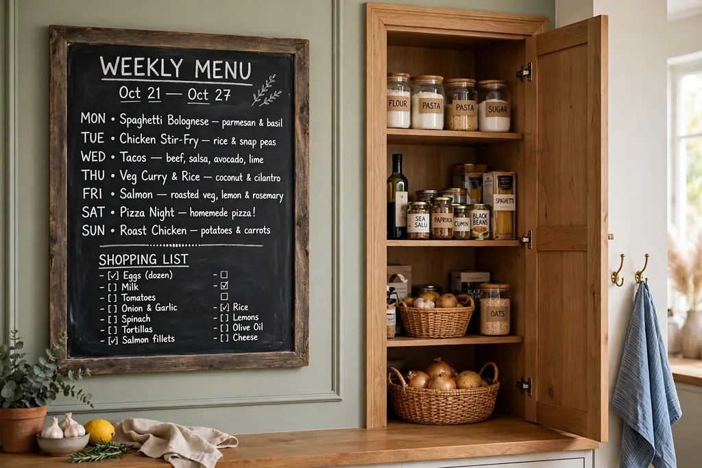 Framed chalkboard on a kitchen wall showing a weekly menu and shopping list.