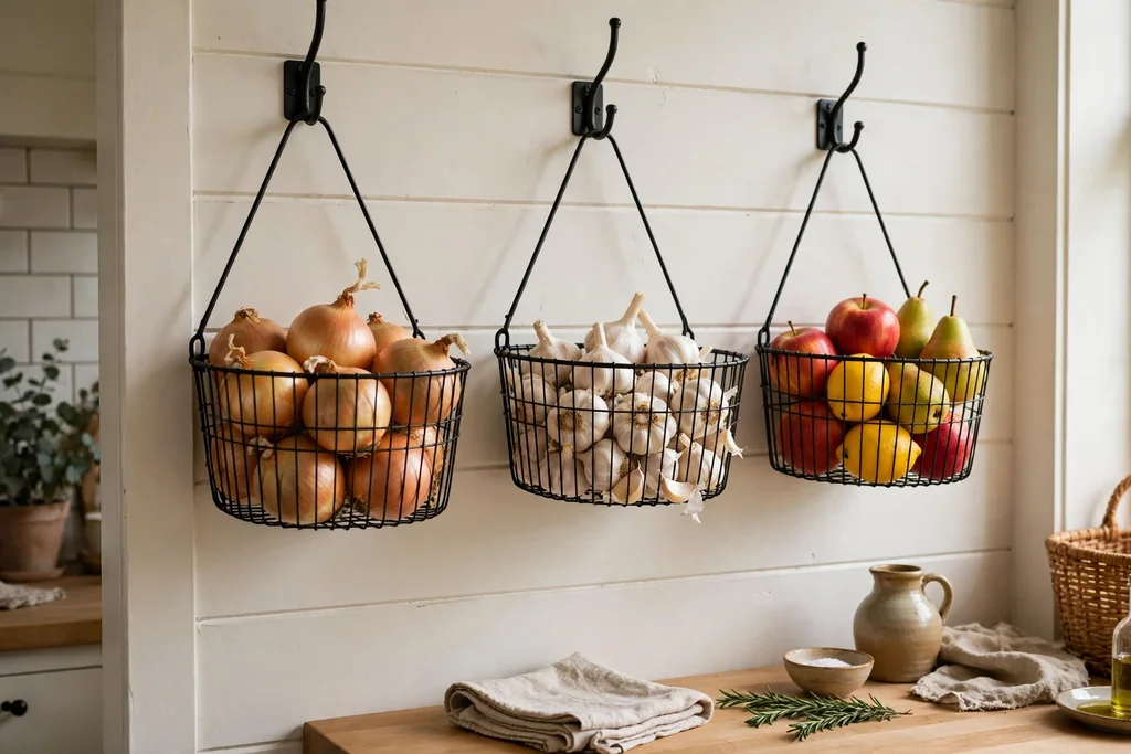 Wire baskets hanging on kitchen wall hooks holding onions, garlic and fruit.