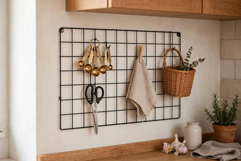 Wire grid panel on a kitchen wall holding hooks, measuring spoons, scissors and a small basket.
