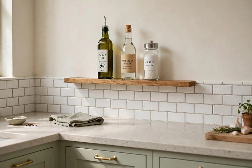 Slim ledge above a tiled kitchen backsplash holding olive oil, vinegar and salt bottles.