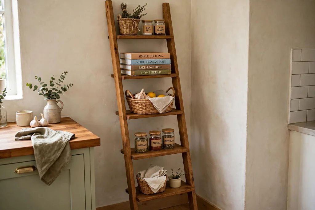 Leaning wood ladder shelf against a kitchen wall holding cookbooks, baskets and small jars.