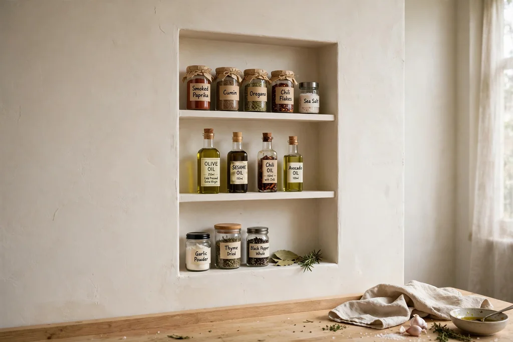Shallow recessed niche shelves in a kitchen wall holding spice jars and small oil bottles.