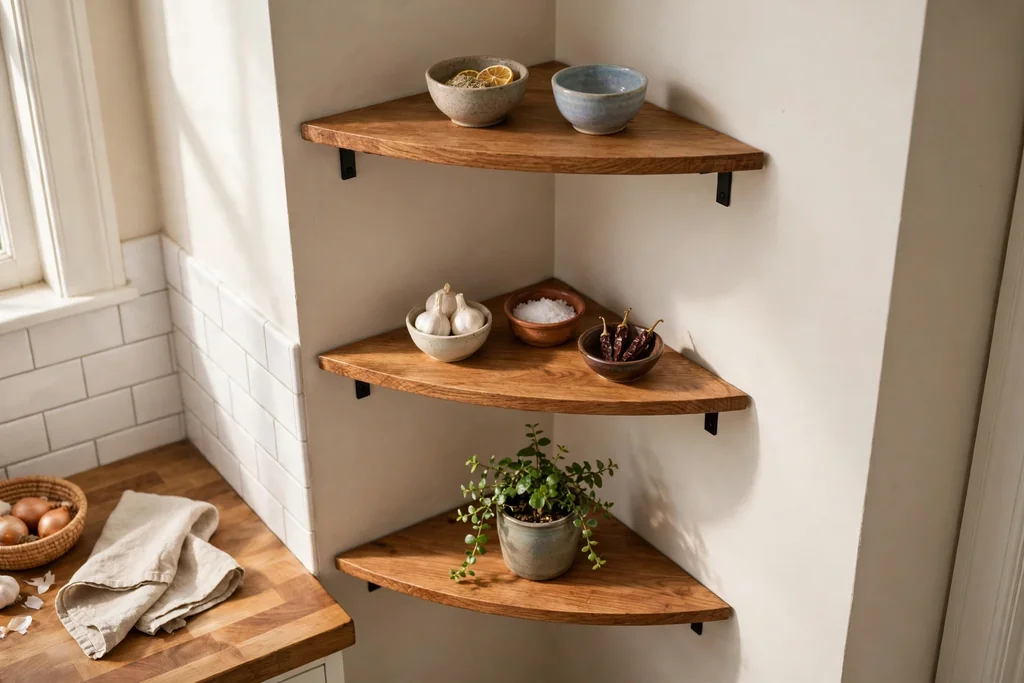 Triangular corner shelves on a kitchen wall holding small bowls and a plant.
