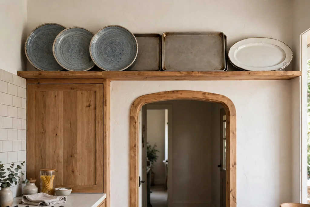 Single high shelf above a kitchen doorway holding large serving platters and baking trays.