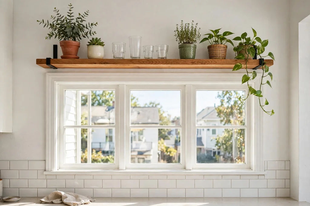 Shelf above a bright kitchen window holding potted plants and clear glasses.