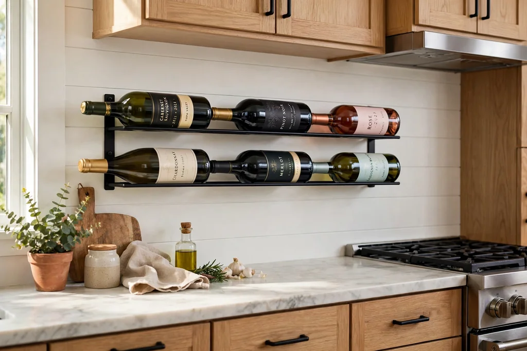 Wall mounted wine rack on a kitchen wall holding bottles horizontally.
