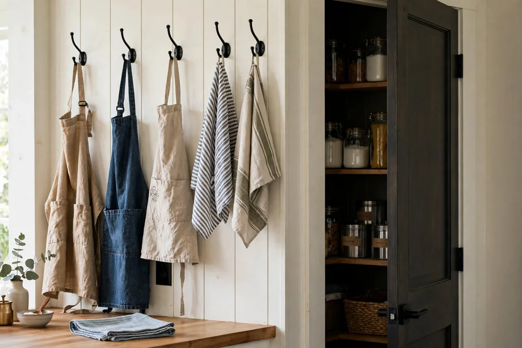 Sturdy hooks on a kitchen wall holding aprons and tea towels near a pantry door.