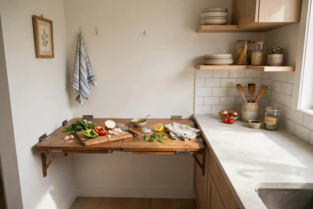 Fold down wood table unfolded from a small kitchen wall for food prep beside a counter.