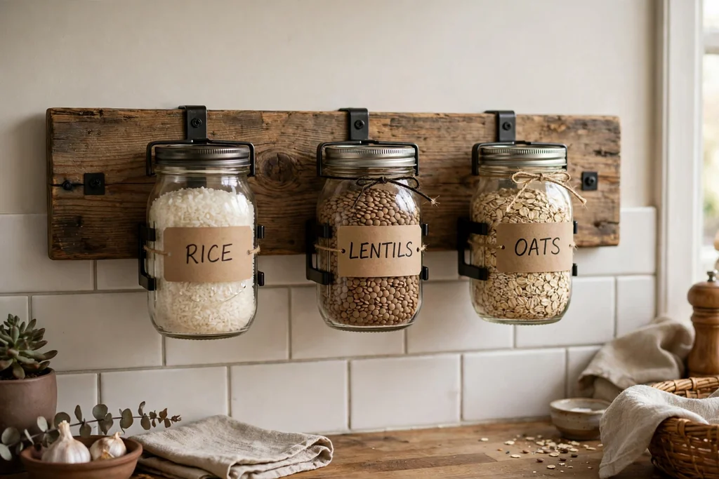 Wood board on a kitchen wall holding labelled mason jars filled with rice, lentils and oats.