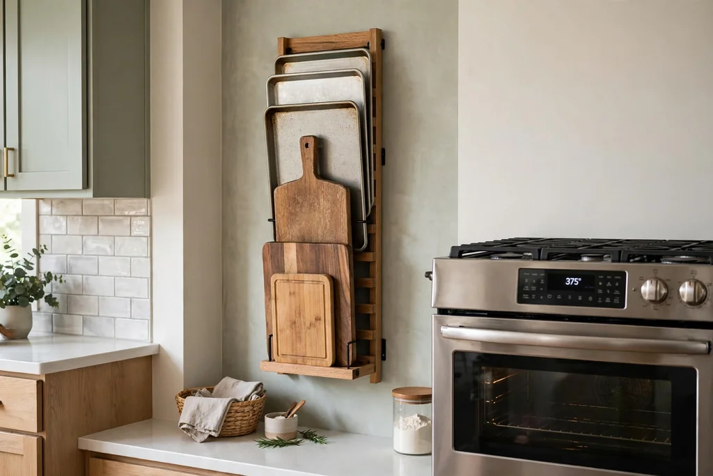 Vertical rack on a kitchen wall holding baking sheets and cutting boards upright near an oven.