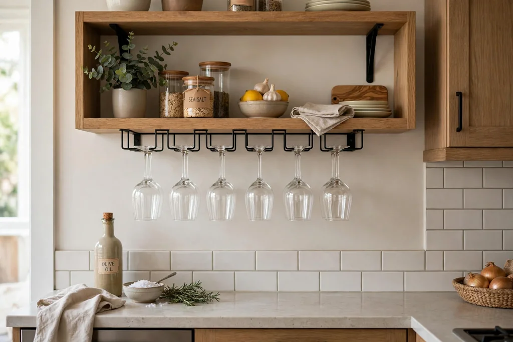 Open kitchen shelf with wine glasses hanging by their stems from a rack underneath it.