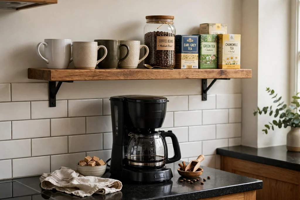 Kitchen wall shelf above a coffee maker holding mugs, a jar of coffee beans and tea boxes.