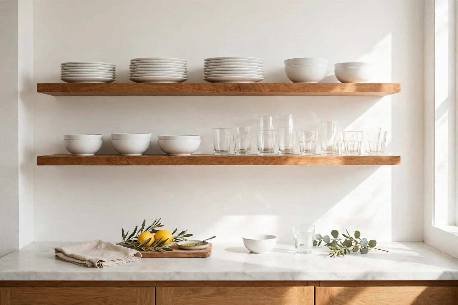 Bright kitchen wall with open wood shelves holding white plates, bowls and glasses above a clean counter.