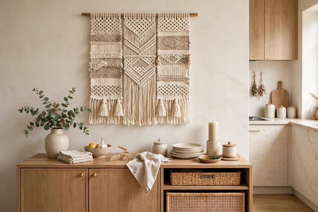 Kitchen wall with a woven textile wall hanging above a sideboard.