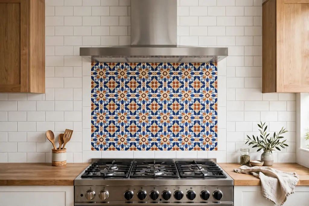 Kitchen cooking wall with a patterned feature tile panel above a range.