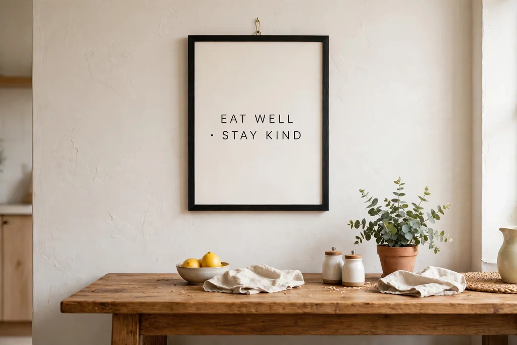 Kitchen wall with a framed typography print above a table.