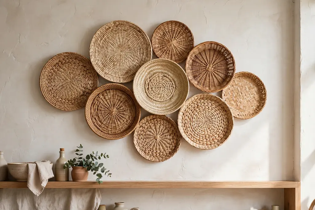 Kitchen wall with a grouping of flat woven baskets.
