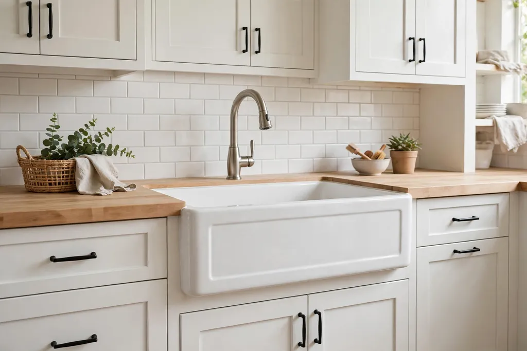 Apron front white ceramic farmhouse basin with its front panel showing in a kitchen with shaker cabinets.