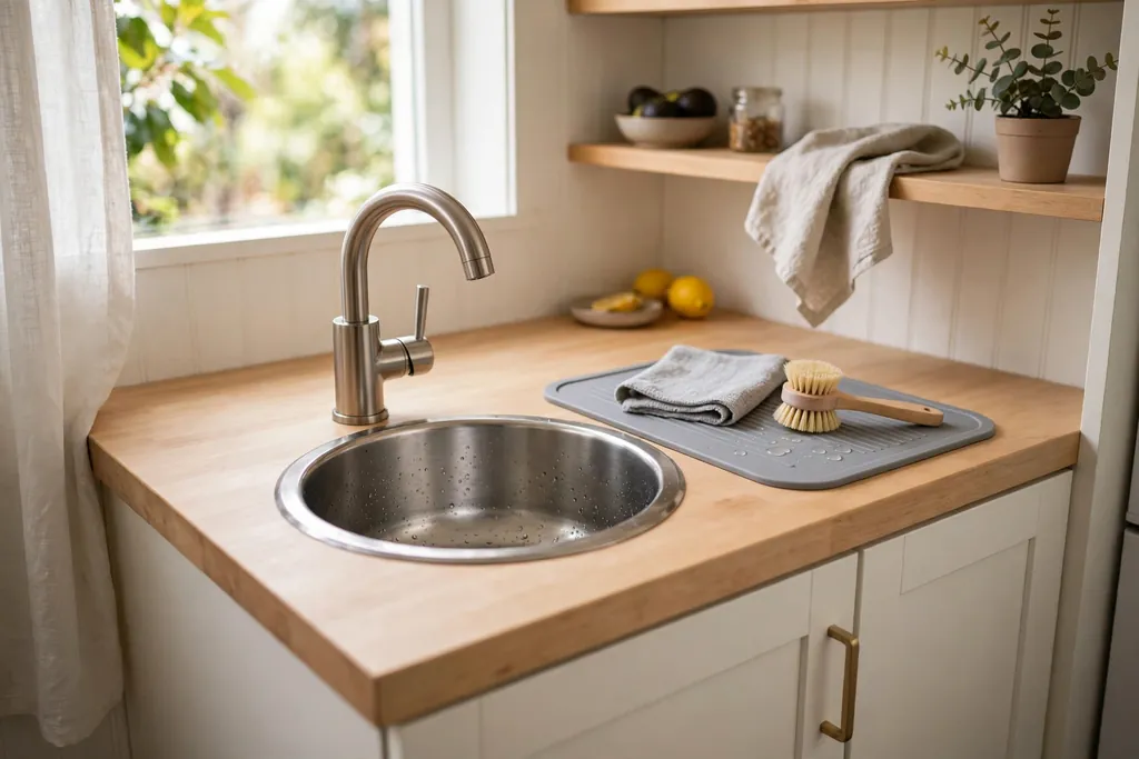 Compact round kitchen basin in a small kitchen with a single lever tap and a draining mat.