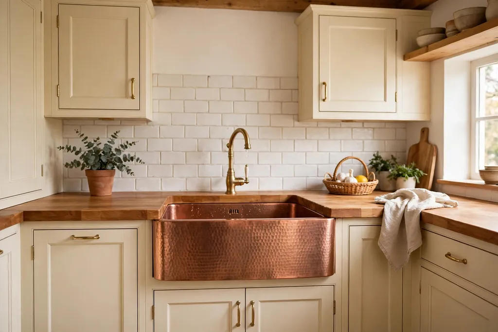 Hammered copper kitchen basin in a warm kitchen with wood counters and cream cabinets.