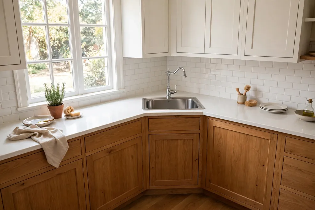 Corner kitchen wash basin set at an angle in an L shaped kitchen with a swinging tap.