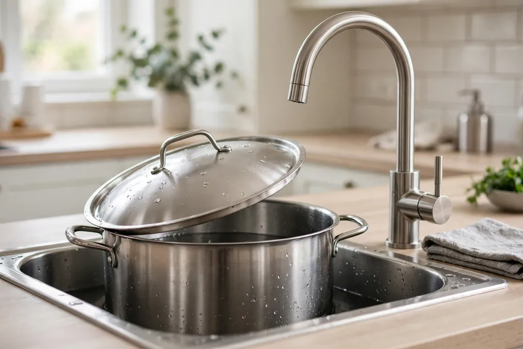 Deep single bowl stainless steel kitchen basin holding a large pot beside a high tap.