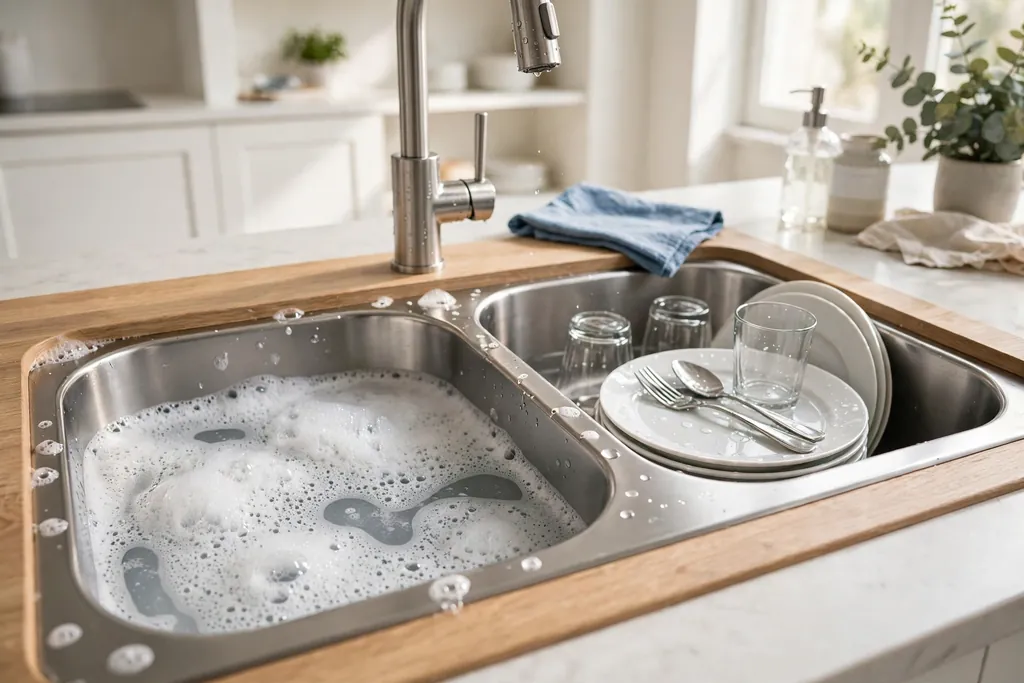Double bowl kitchen basin with one bowl holding soapy water and the other holding rinsed dishes.