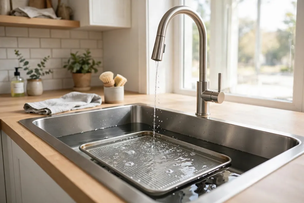 Extra deep kitchen basin with a baking tray soaking flat in the water and a tall tap.