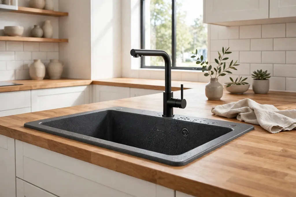 Dark grey granite composite kitchen basin in a modern kitchen with wood counters.