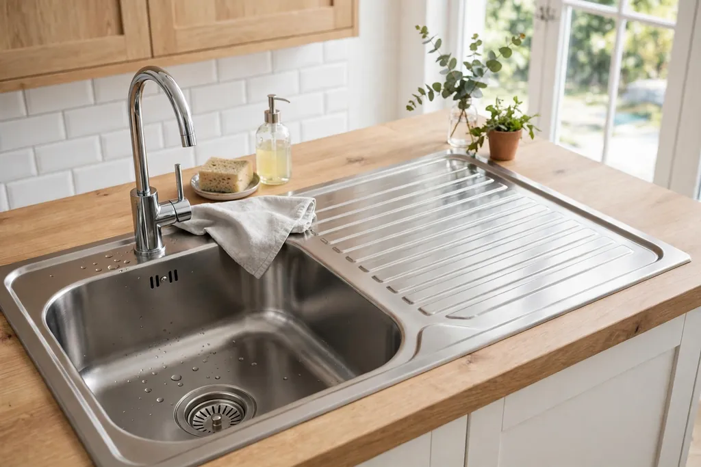 Stainless steel kitchen basin with an integrated grooved drainboard beside the bowl.