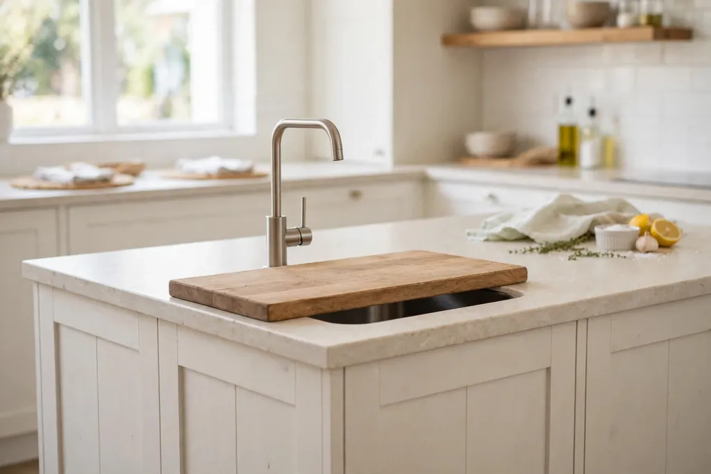Small prep basin set into a kitchen island with a simple tap and a cutting board over the bowl.