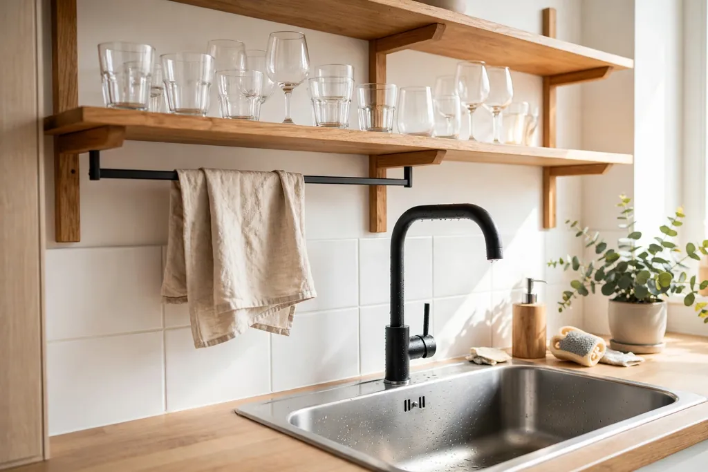 Kitchen basin with open shelving above holding glasses and a rail with a drying cloth.