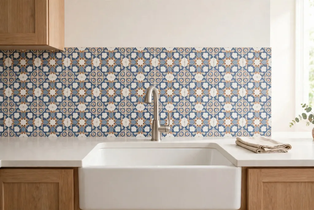 Plain kitchen basin against a patterned tile splash wall with plain counters.