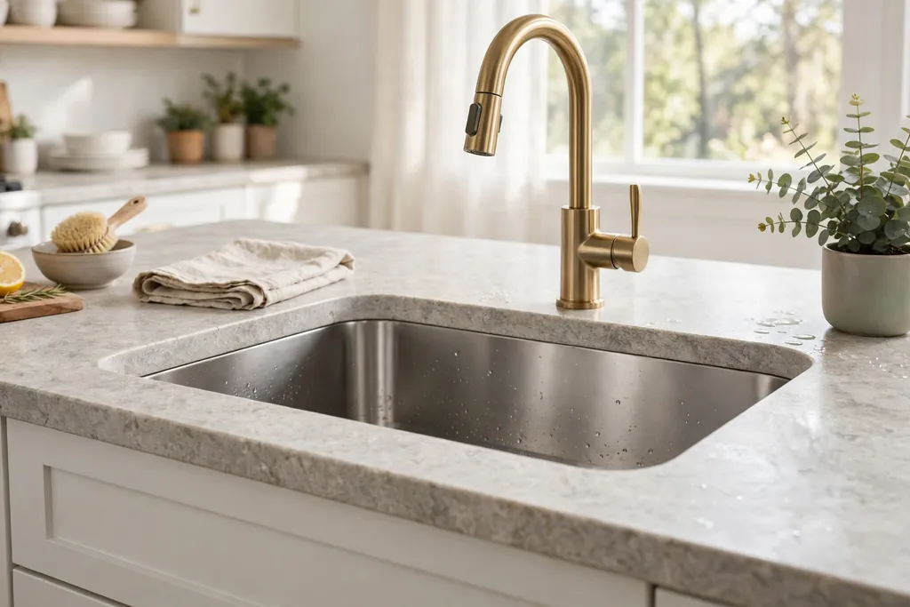 Undermount kitchen basin fitted below a stone counter with a smooth counter line into the bowl.