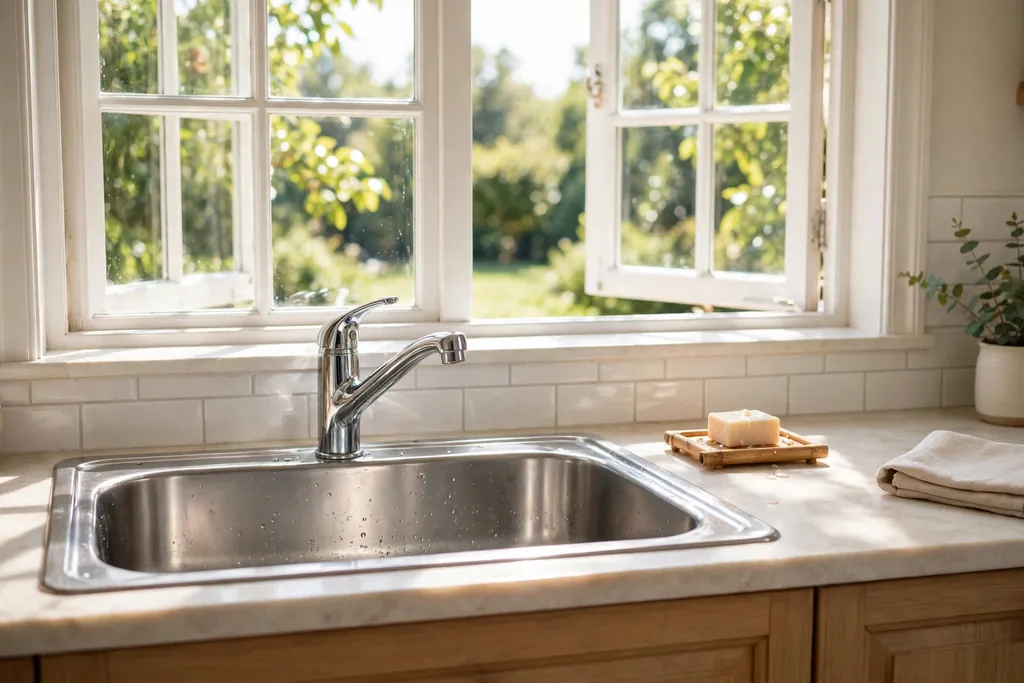 Kitchen wash basin under a bright window with daylight falling on the sink and a small soap tray.