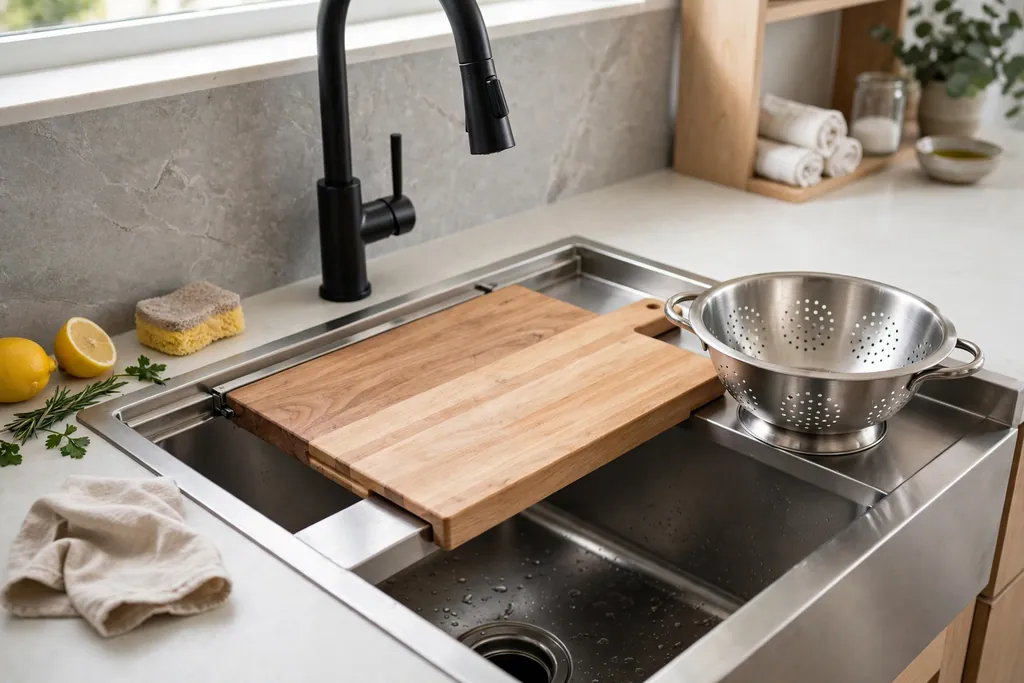 Workstation kitchen basin with a sliding cutting board and colander resting on the rim ledge.