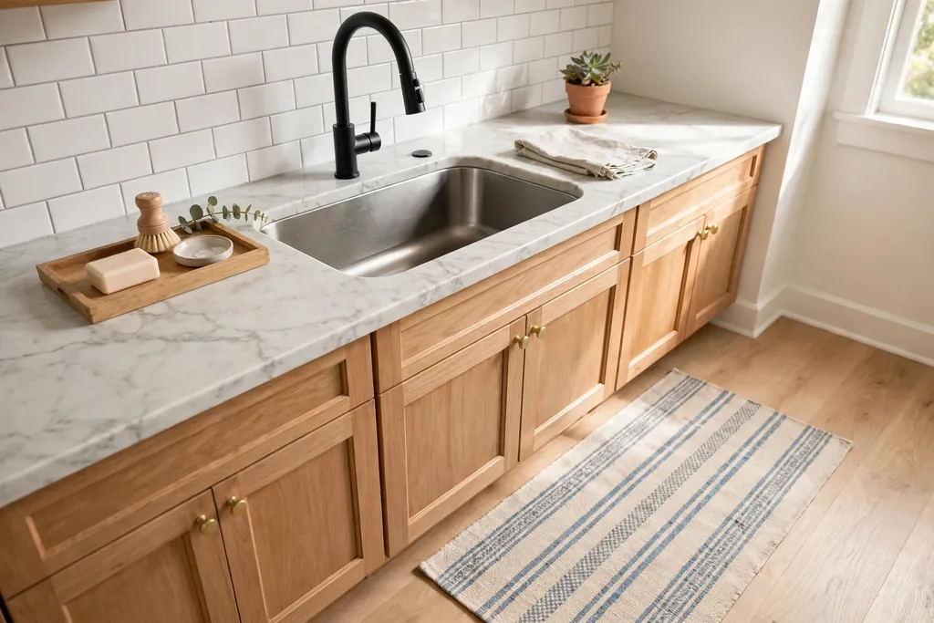Kitchen basin zone with a soap tray on the counter and a washable runner on the floor.
