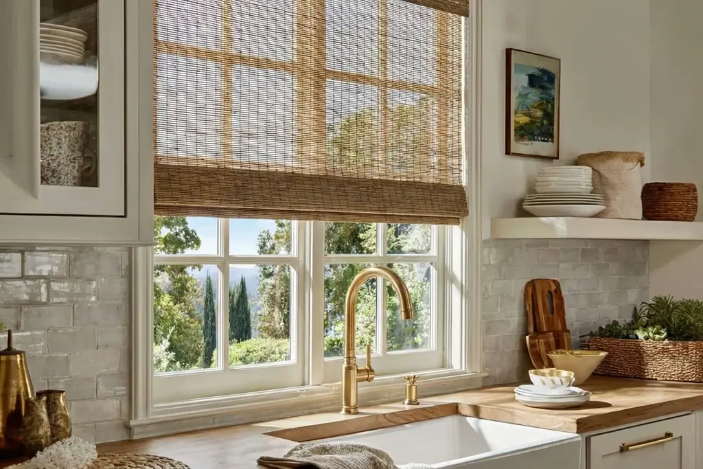 Natural bamboo woven blind filtering light at a window.