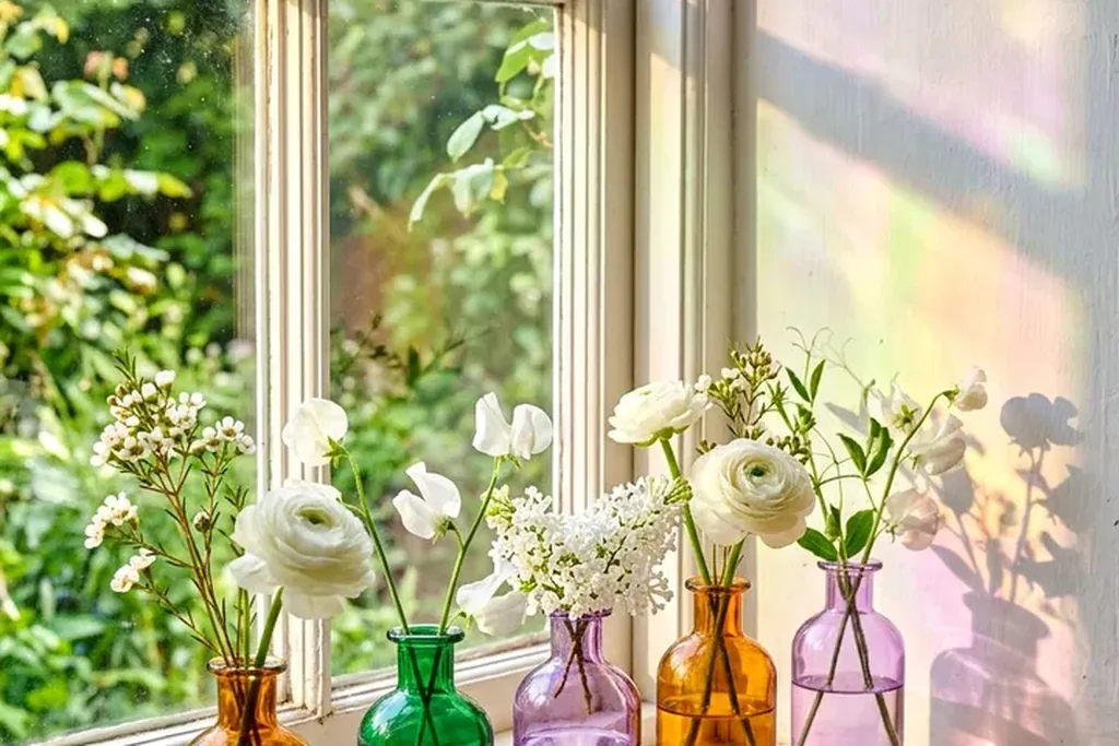 Colored glass bud vases with single stems on a windowsill.