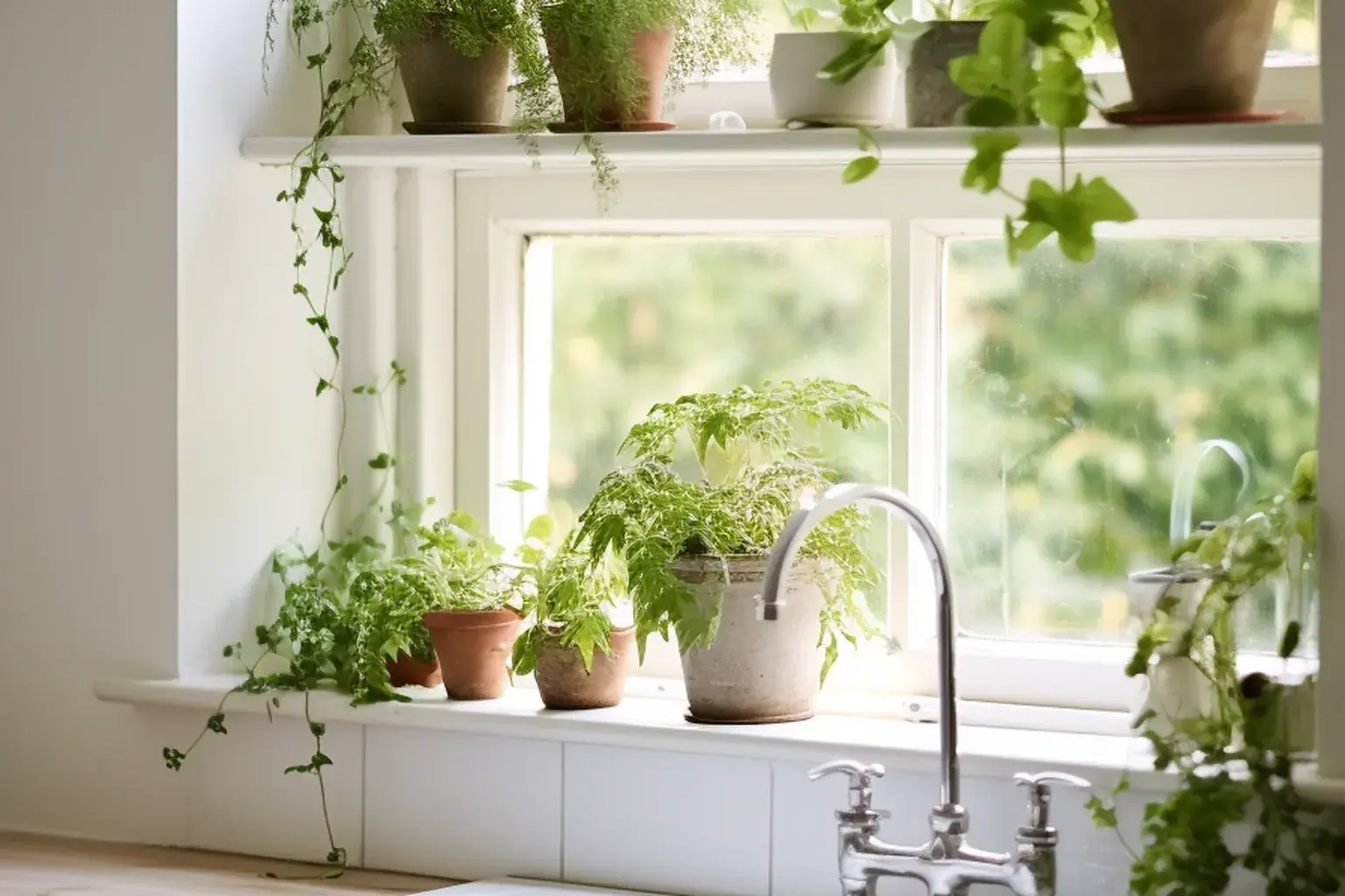 Wide kitchen garden window over a sink with potted plants on the sill and bright daylight.