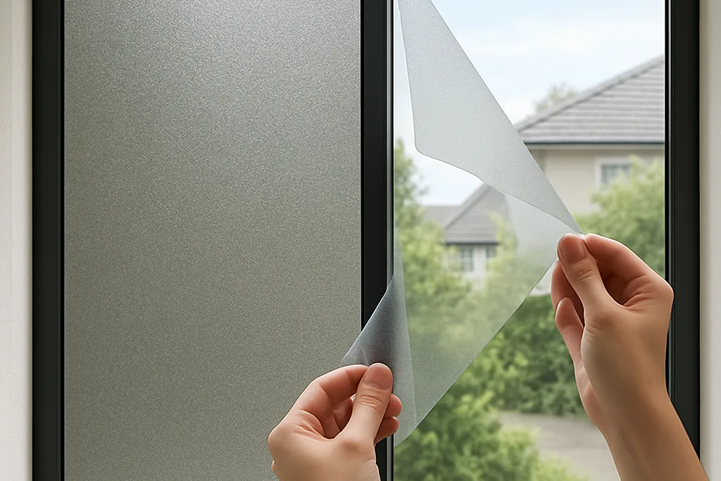 Hands applying frosted privacy film to a window pane, with the covered half already softened.