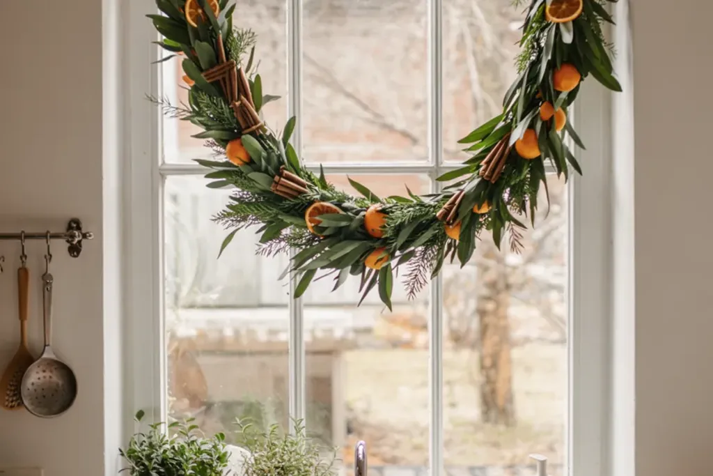 Green garland draped along the top of a kitchen window over the sink.