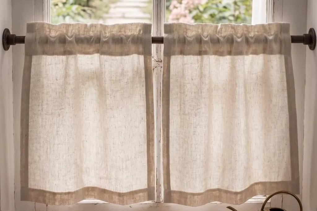 Natural linen cafe curtain panel hanging on the lower half of a window.