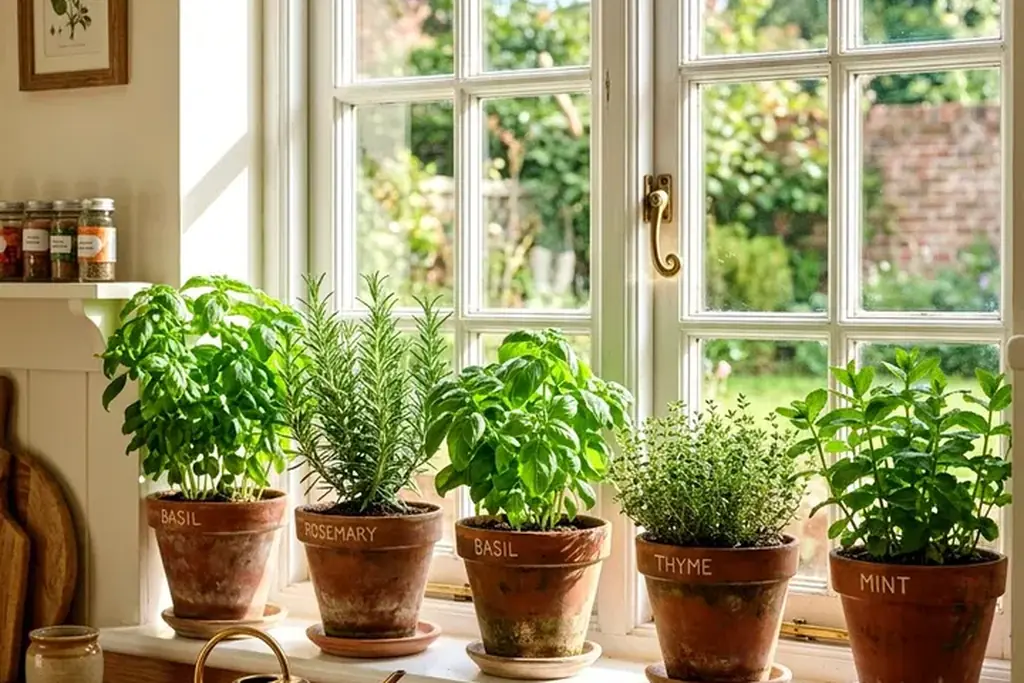 Small potted herbs lined up on a sunny kitchen windowsill.