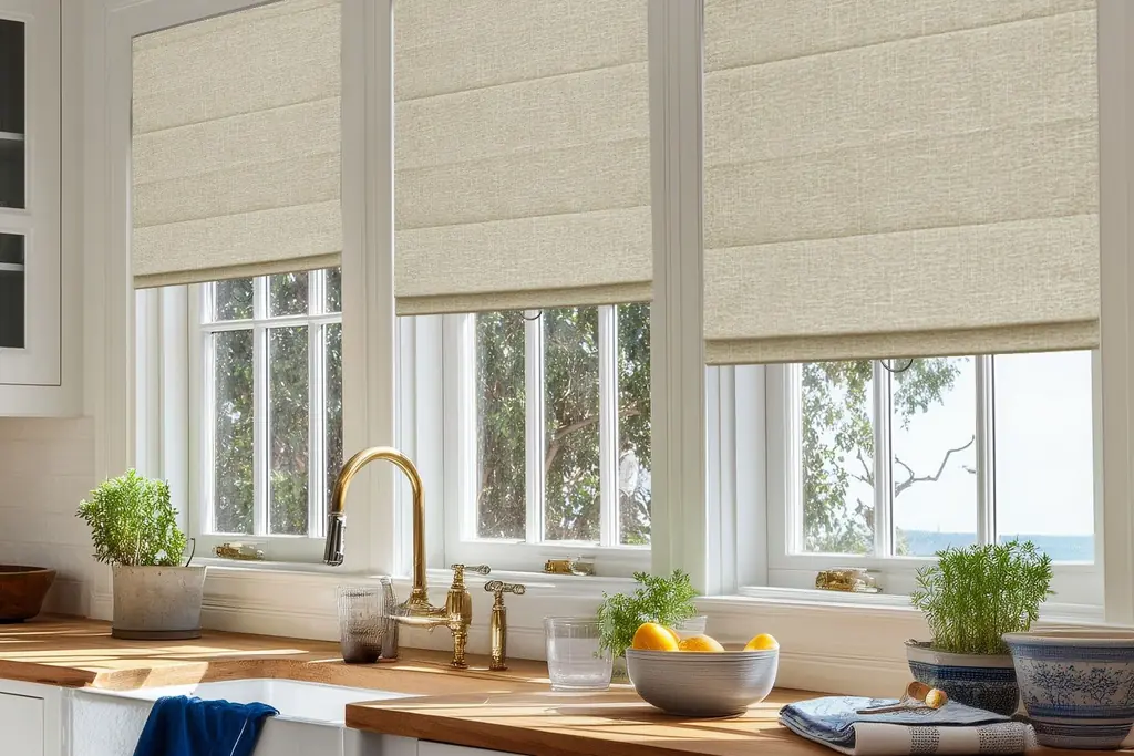 Fabric roman shade fitted inside a window frame above a kitchen counter.