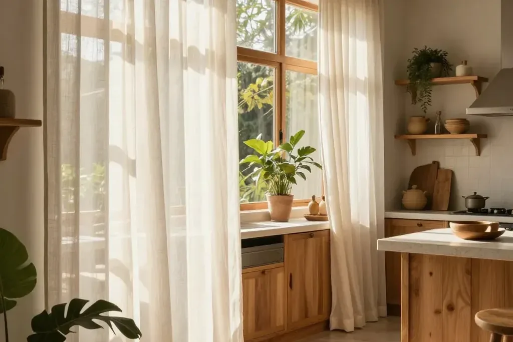 Sheer white curtains softening bright sunlight at a kitchen window.