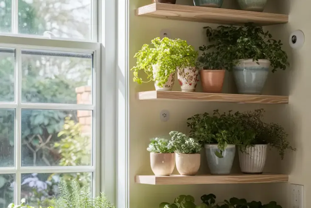 Open shelves near a kitchen window holding plants and everyday dishes.