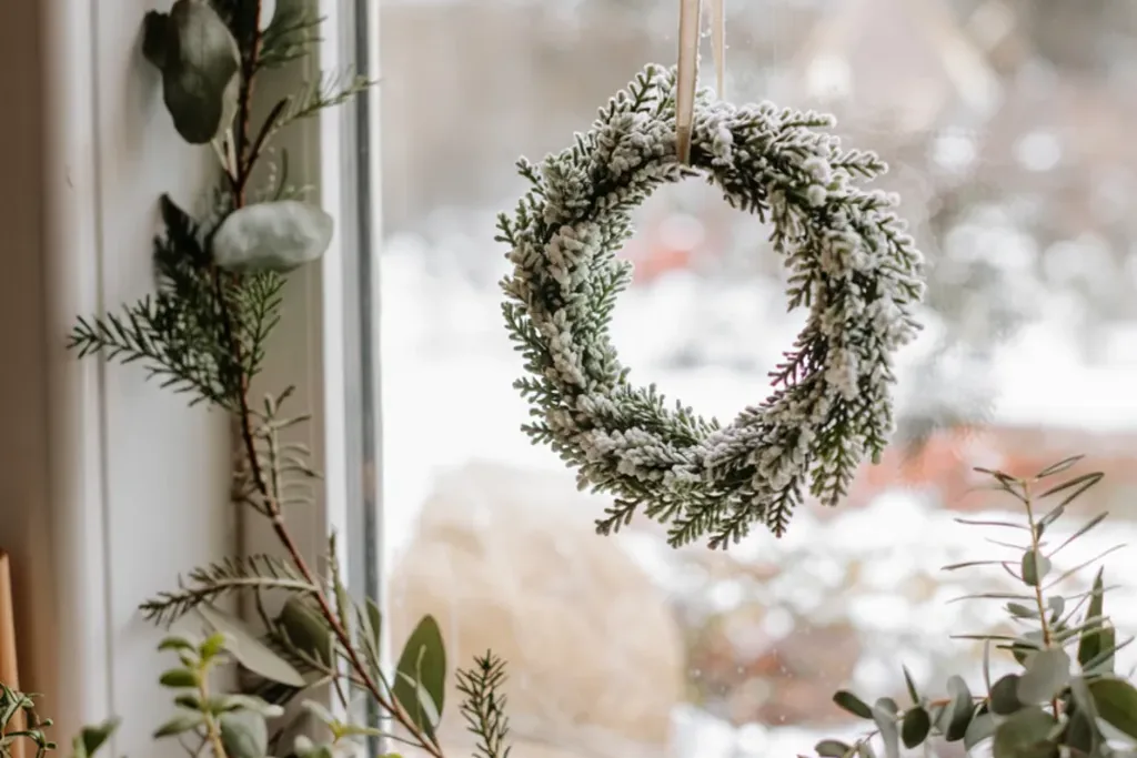 Small frosted wreath hanging on a kitchen window over the sink.