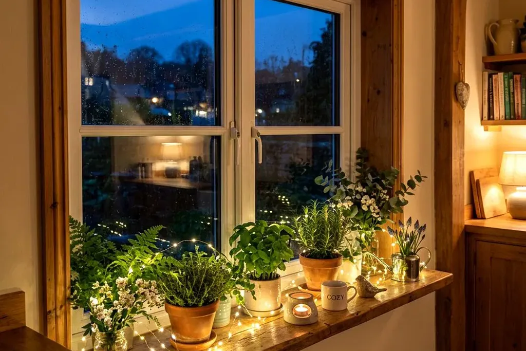 Warm fairy lights strung around a kitchen window in the evening.