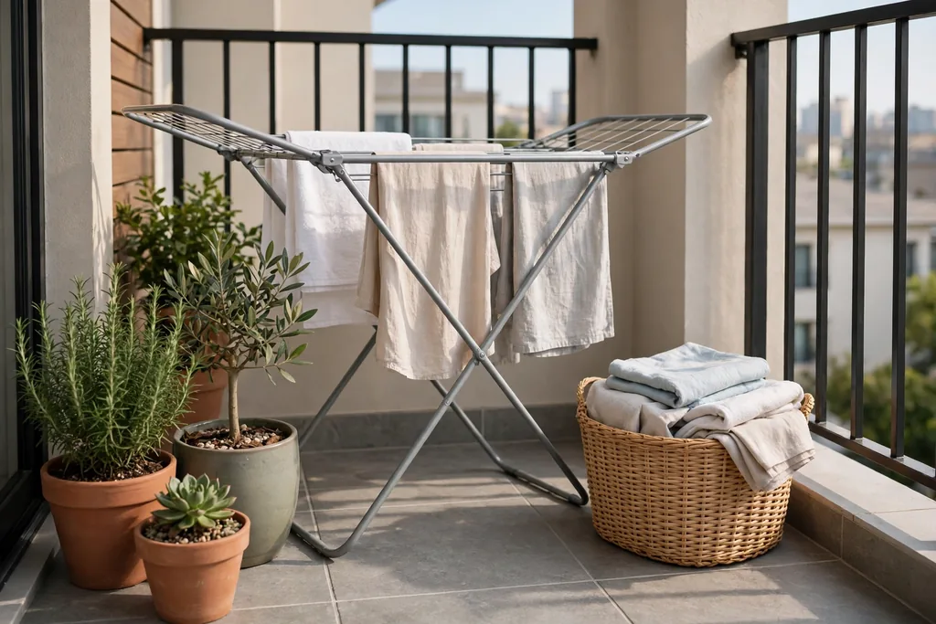 Tidy balcony laundry setup with a folding drying rack and a basket beside potted plants.